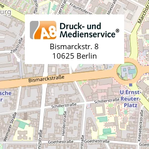 A8 Druck- und Medienservice, Bismarckstraße 8, 10625 Berlin-Charlottenburg Standortkarte für die Buchproduktion